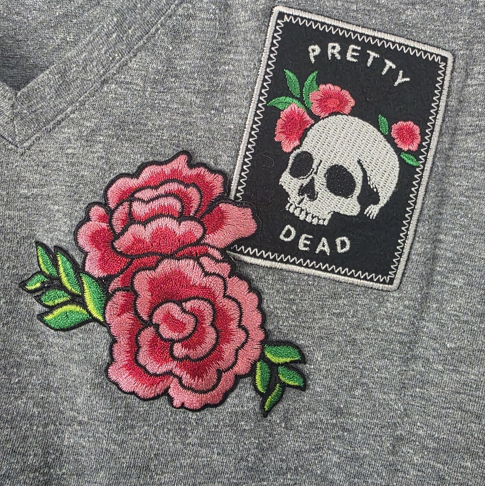 Torrid Gray V-Neck Top with Skull and Rose Patches - Picture 3 of 5